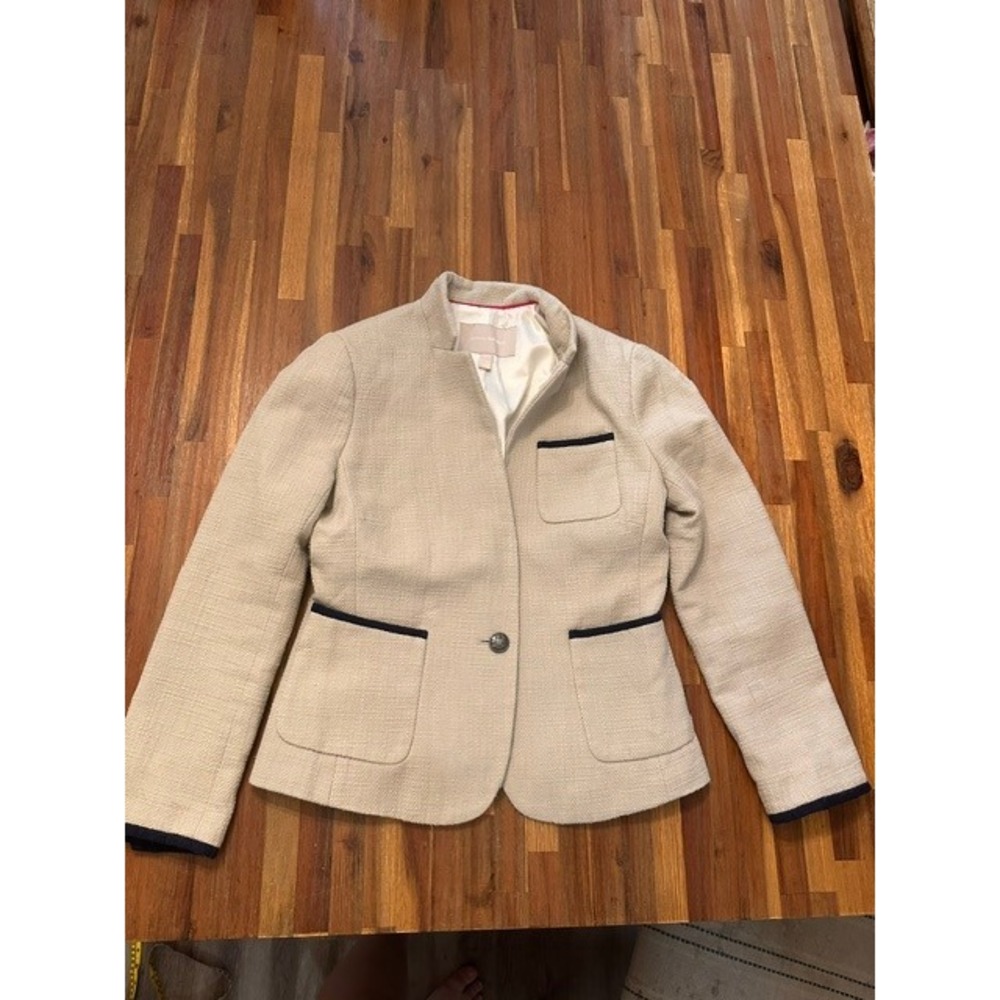 Banana Republic Blazer Women 2P Beige Excellent Navy Trim Textured Stand Collar
